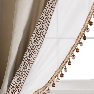 Luxury Vintage Velvet And Sheer WithBorder Pompom Trim Window Curtain Panel Taupe/Ivory Single 42X84 - 1 of 4