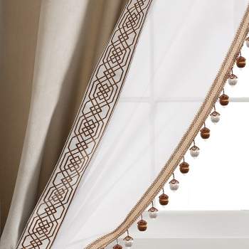 Luxury Vintage Velvet And Sheer WithBorder Pompom Trim Window Curtain Panel Taupe/Ivory Single 42X84
