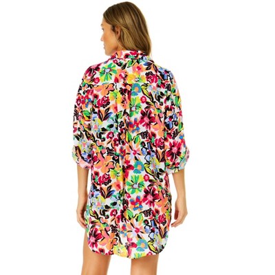 Anne Cole Women's Sun Blossom Button Down Shirt Swimsuit Cover Up