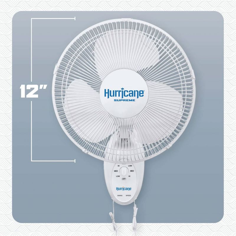 Hurricane Supreme 12 Inch 90 Degree Oscillating Indoor Wall Mounted 3 Speed Plastic Blade Fan with Adjustable Tilt and Pull Chain Control, White, 2 of 7