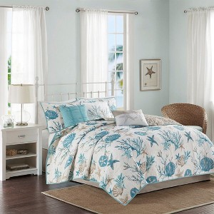 Sapphtopaz Bedding Quilt Set Comforter Set Coastal Style Shell Coral Print Reversible Quilt Set with Throw Pillows - 1 of 4