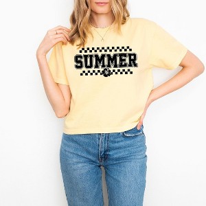 Simply Sage Market Women's Checkered Summer Varsity Short Sleeve Relaxed Fit Cropped Tee - 1 of 3