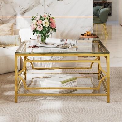 HTUTWOO 31.5" Brown Glass Coffee Table, Modern Cocktail Table Asymmetrical Metal, Circular Metal Drum Base With Lower Shelf For Living Room