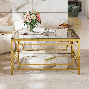 HTUTWOO 31.5" Brown Glass Coffee Table, Modern Cocktail Table Asymmetrical Metal, Circular Metal Drum Base With Lower Shelf For Living Room - 1 of 4