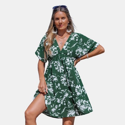 Women's Floral Print V-Neck Sundress with Puff Sleeves - Cupshe