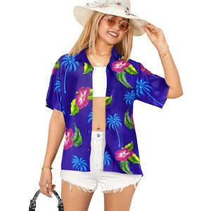 LA LEELA Women's Button Down Blouses Casual Summer Beach Party V Neck Short Sleeve Vacation Button Up Dress Hawaiian Shirts for Women - 1 of 4