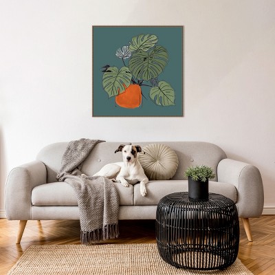 Teal and Orange Retro Potted Plant Canvas Art with Bronze Frame