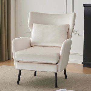 Velvet Wing Back Single Sofa Accent Chair with Upholstered Seat, Metal Legs and Pillow - 1 of 4