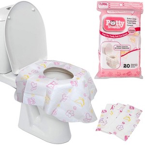 Potty Shields Disposable Toilet Seat Covers, 20 Pack Pink/Floral - Protect from Public Toilets - Extra Large Waterproof, Portable, Individual Wrapped - 1 of 4
