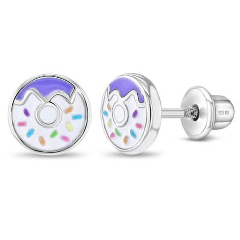 Girls' Frosted with Sprinkles Donut Screw Back Sterling Silver Earrings -  Purple & White - In Season Jewelry