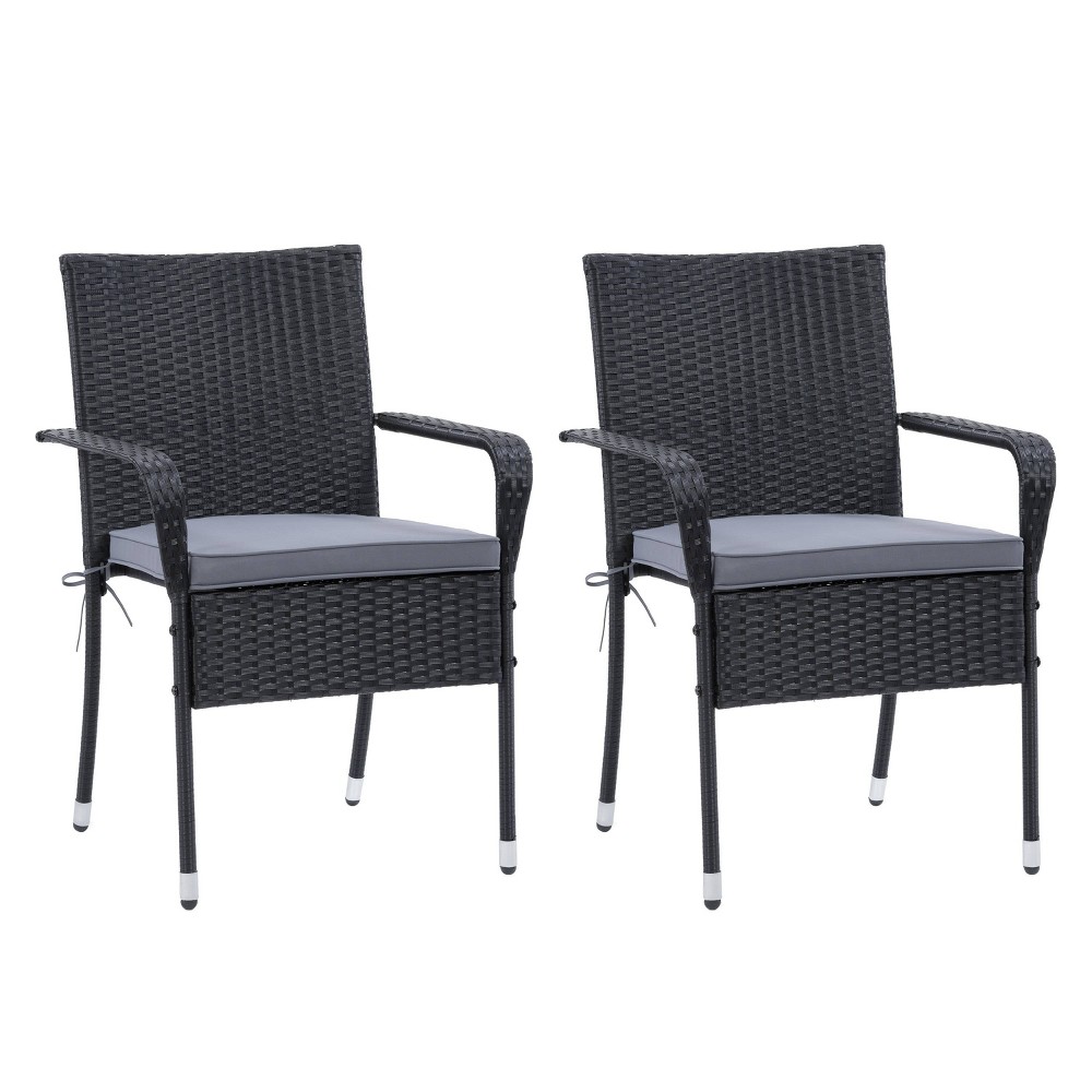 Photos - Garden Furniture CorLiving Parksville 2pk Patio Stackable Dining Chairs with Cushions - Black/Gray  