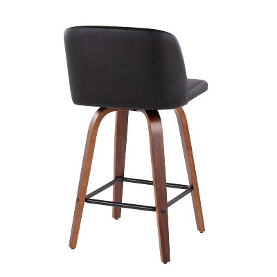 Set of 2 Black Faux Leather and Walnut Wood Swivel Barstools