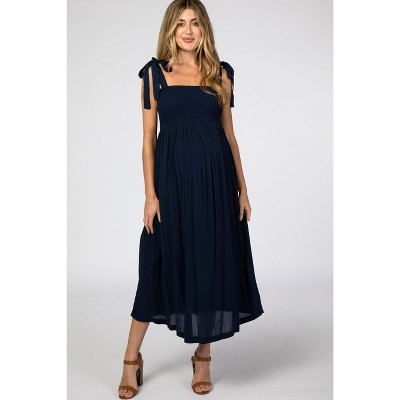 PinkBlush Navy Blue Smocked Tie Strap Maternity Midi Dress