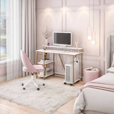 Modern Industrial Gold and Wood Writing Desk with Elevated Shelves