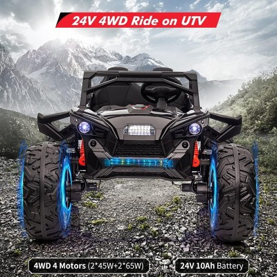 Black 24V 2 Seater UTV Ride On Toy For Kids Ages 3 To 8 With Parental Remote Control 17 Inch Large Tires LED Lights And Music Black