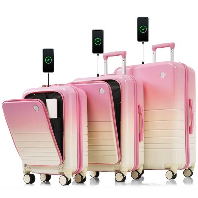 3-Piece Hardshell Luggage Set (20"/24"/28"),Lightweight Suitcase with USB Port,20" 24" Front Opening Carry-On Suitcase with Cup Holder–Cuddlewood