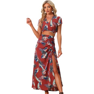 Allegra K Women's Tropical 2-piece Wrap Crop Top And Hawaiian Ruched Front  Maxi Skirt Set Red X-large : Target