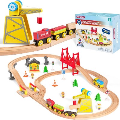 Joyfy 60PCS Montessori Wooden Train Track Set - Construction Express, Engineering Railway, Easter Birthday Toy Gift for Kids Toddlers Boys Girls 2-8