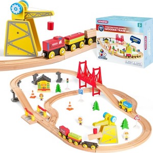 Joyfy 60PCS Wooden Train Track Set - Construction Express, Engineering Railway, Easter Birthday Toy Gift for Kids Toddlers Boys Girls 2-8 - 1 of 4