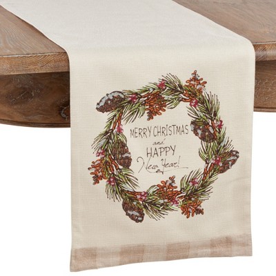 Saro Lifestyle Merry Christmas and Happy New Year Runner, Natural, 13" x 72"