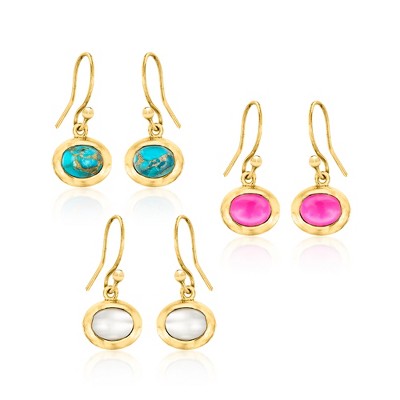 Ross-Simons Turquoise, 6x8mm Cultured Pearl and 2.00 ct. t.w. Pink Chalcedony Jewelry Set: 3 Pairs Of Drop Earrings in 18kt Gold Over Sterling