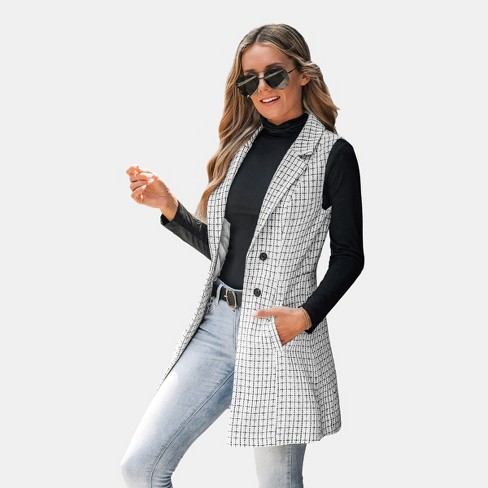 Women's Grid Print Double-Breasted Sleeveless Blazer - Cupshe-XS-Grid