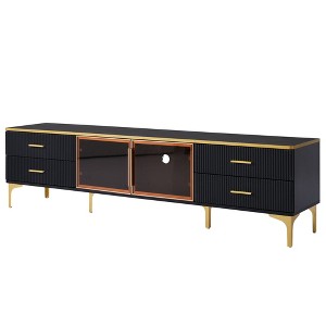 PDTEND Stylish LED TV Stand with Marble-veined Table Top for TVs Up to 78'', Black - 1 of 4