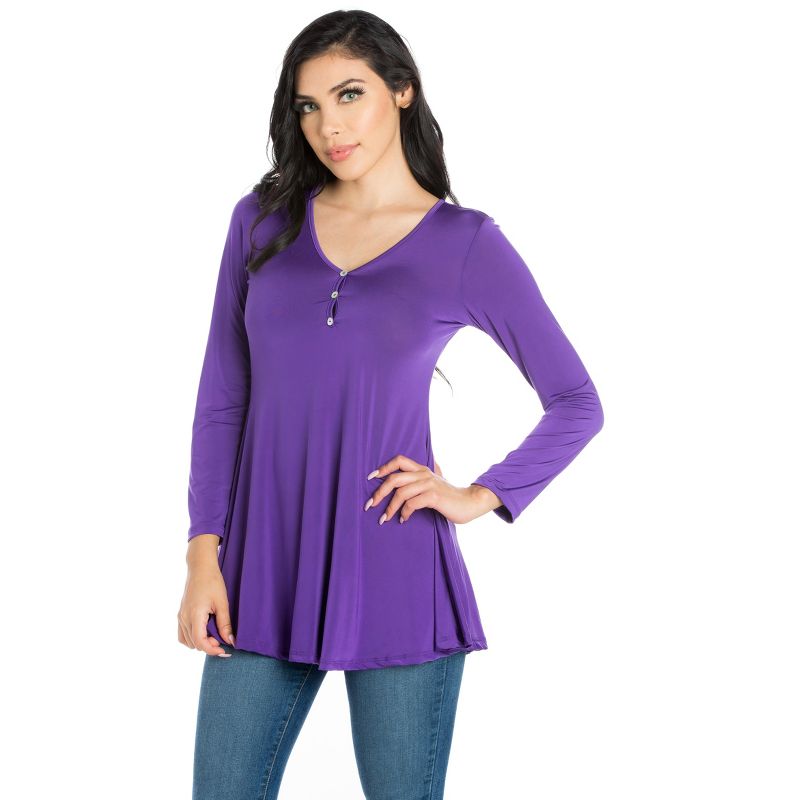 24seven Comfort Apparel Womens Flared Long Sleeve Henley Tunic Top, 2 of 5