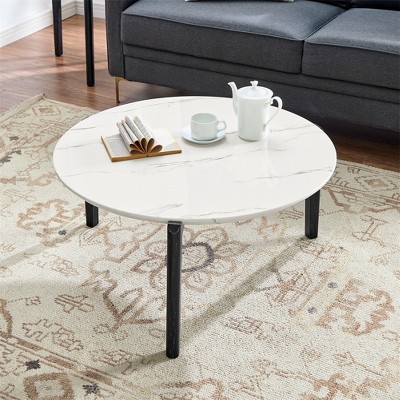 36 Inch Round Coffee Table, Modern And Stylish Small Coffee Table, Imitation Marble Tabletop With Wood Legs