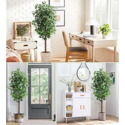 5ft Green Silk Artificial Ficus Tree in White Plastic Pot