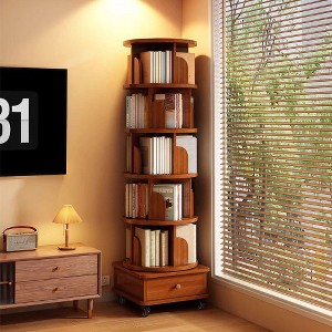 TIRAMISUBEST 6-Tier Rotating Bookshelf - 360¡ã Spinning Bookcase w/Wheels for Small Spaces, Narrow Wood Storage (Walnut) - 1 of 4