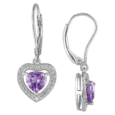 1.6 CT. T.W. Amethyst and .005 CT. T.W. Diamond Heart Shaped Leverback Drop Earrings in Sterling Silver - Amethyst