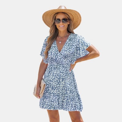Women's Floral Flared Sleeve Ditsy A-shape Dress -cupshe-xl-blue : Target