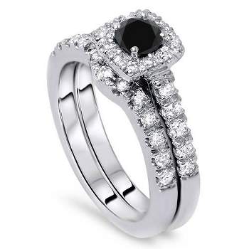 Pompeii3 1 1/4ct Cushion Halo Black Diamond Engagement Ring Set 14K White Gold