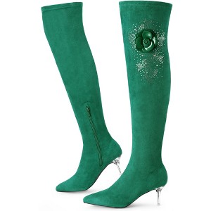 BLISSFUL STEP Women's Pointed Toe Stiletto Heel Rhinestone Flower Over the Knee High Dress Boots - 1 of 4