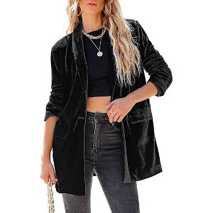 Womens Velvet Blazer Long Sleeve Open Front Blazer Jacket with Pocket Black L - 1 of 2