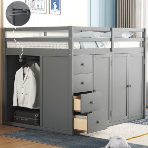 PAGED Full Size Loft Bed, Wooden Bed Frame with Wardrobes, Drawers, Lockers, Storage Stairs and Guardrail, Modern Bunk Bed for Kids, Adults - 1 of 4