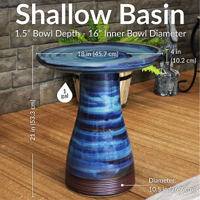 Galaxy Blue Ceramic Bird Bath with Ribbed Pedestal, 21" H