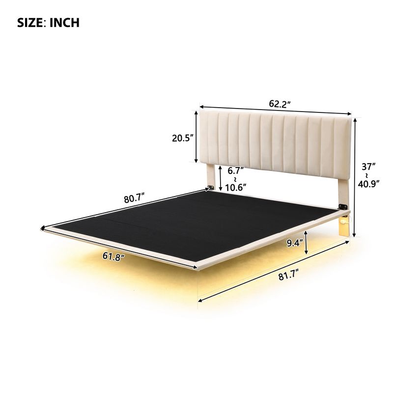Queen Size Upholstered Floating Velvet Platform Bed with Sensor Light and Headboard-ModernLuxe, 3 of 13