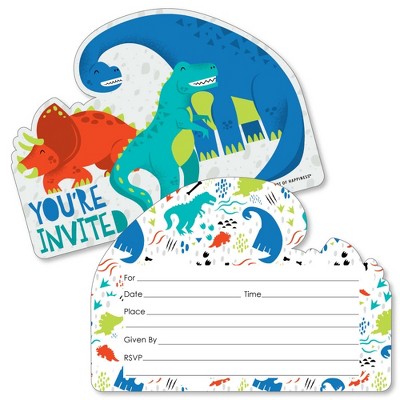 Big Dot of Happiness Roar Dinosaur - Shaped Fill-in Invites - Dino Mite T-Rex Baby Shower or Birthday Party Invite Cards with Envelopes - Set of 12