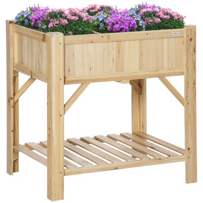 Outsunny Raised Garden Bed Wood Grid X With Storage Shelf Water Draining Planter