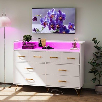 8 Drawer Dresser, Modern Dresser for Bedroom with Led Lights and Charging Station, Wooden Chest of Drawer with Open Space