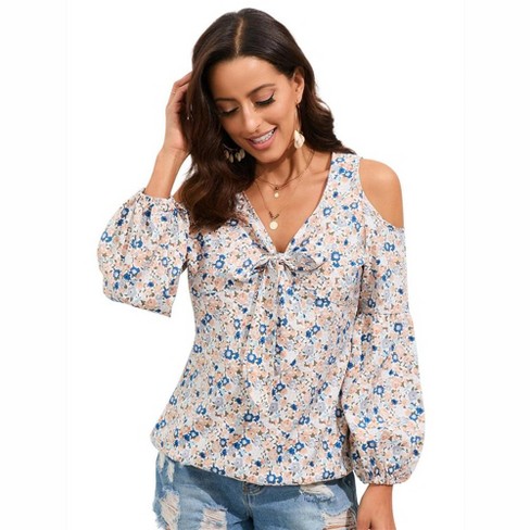 Womens Summer Tops Cold Shoulder Blouse Front Tie V Neck Tops Casual Boho Floral Tunic Blouse Summer Beachwear Vacation Outfits Target