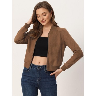 INSPIRE CHIC Women's Faux Suede Cropped Stand Collar Zip-Up Bomber Jackets Small Brown — фото 4
