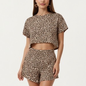 Anna-Kaci Lounge Women's Leopard Print Pajama Set with Short Sleeve Crew Neck Crop Top and Matching Elastic Waist Shorts - 1 of 4