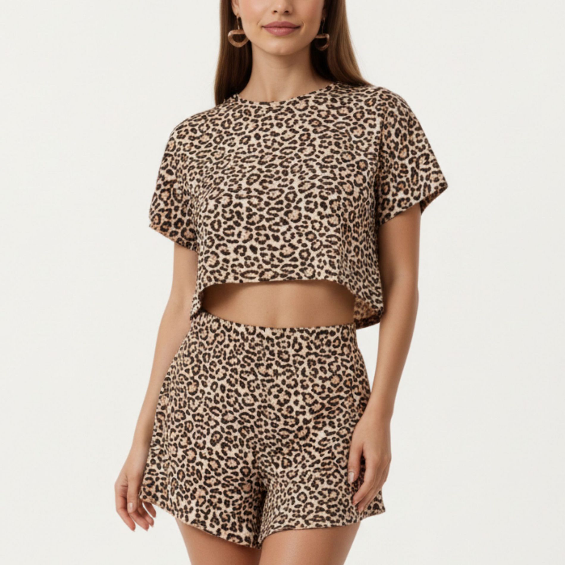 Anna-Kaci Lounge Women's Leopard Print Pajama Set with Short Sleeve Crew Neck Crop Top and Matching Elastic Waist Shorts