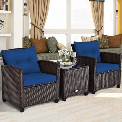 3-Piece Blue Cushioned Rattan Conversation Set with Brown Frame