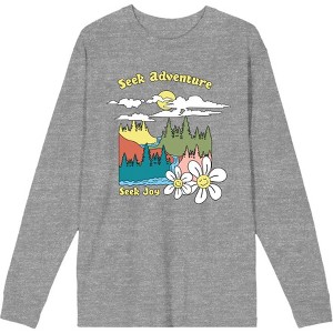 Positive Vibes Cloudy Forest Landscape Seek Adventure Seek Joy Crew Neck Long Sleeve Heather Gray Adult Tee - 1 of 2