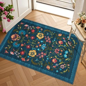 Modern Floral Printed Area Rugs Machine Washable Soft Non Slip Farmhouse Carpet Stain Resistant Low Pile Rug for Kitchen Living Room Laundry Bedroom - 1 of 4