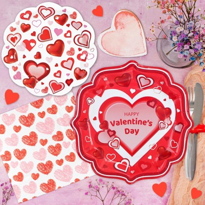 DYLIVeS Happy Valentine' s Day Party Supplies, Red White Heart Love Paper Dinner Dessert Plates and Napkins Set Red Heart Disposable Tableware